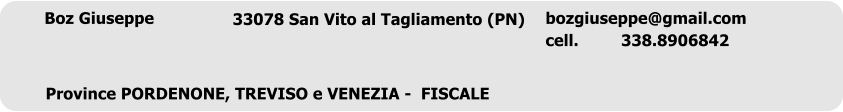 Boz Giuseppe	 33078 San Vito al Tagliamento (PN)  Province PORDENONE, TREVISO e VENEZIA -  FISCALE  bozgiuseppe@gmail.com cell.		338.8906842